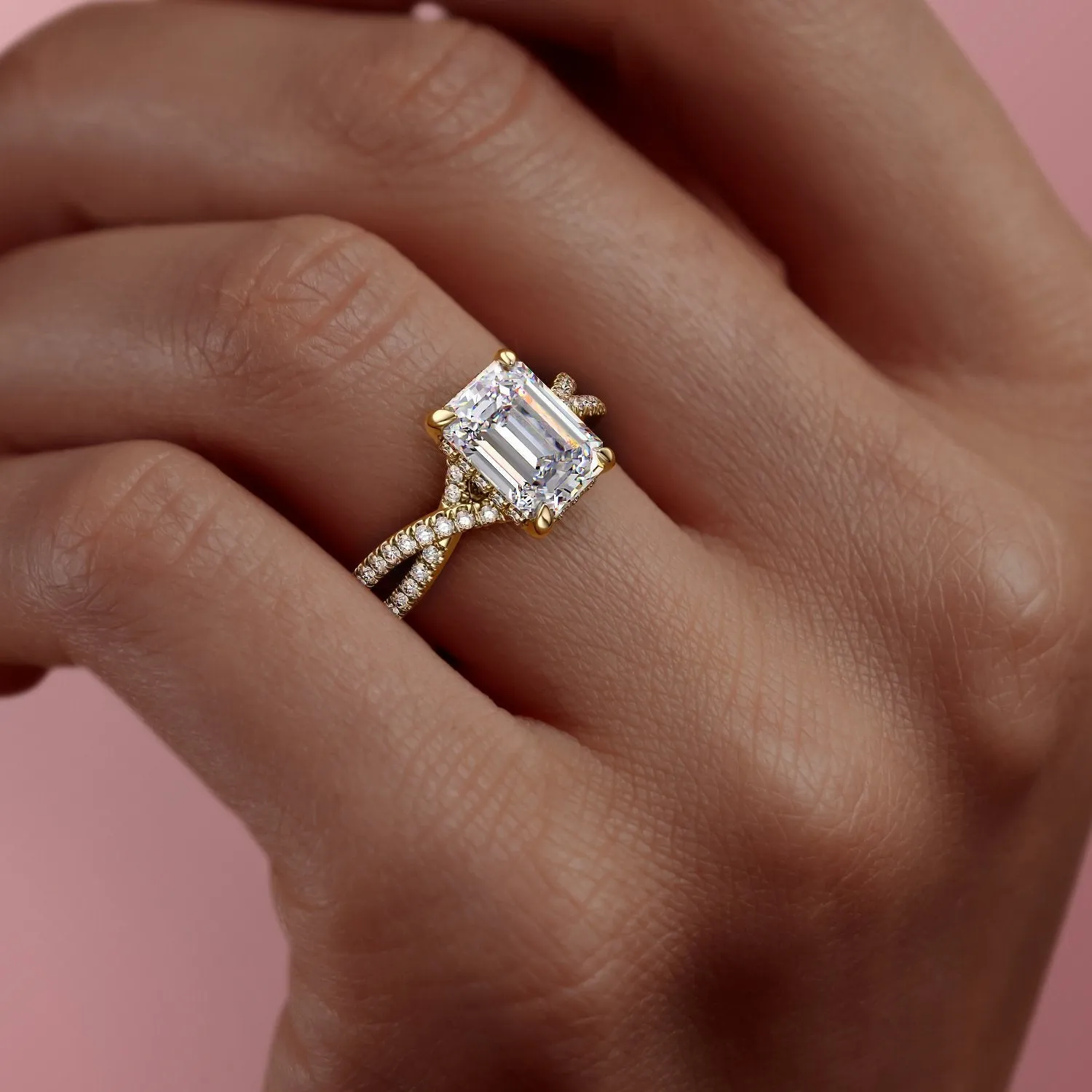 Emerald Cut Moissanite Engagement Ring, Twisted Stone Set Shoulders