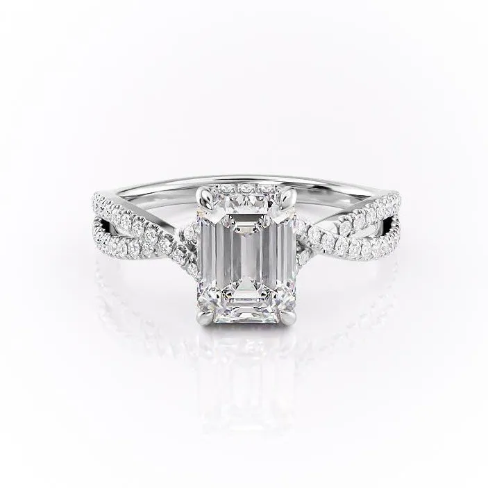 Emerald Cut Moissanite Engagement Ring, Twisted Stone Set Shoulders