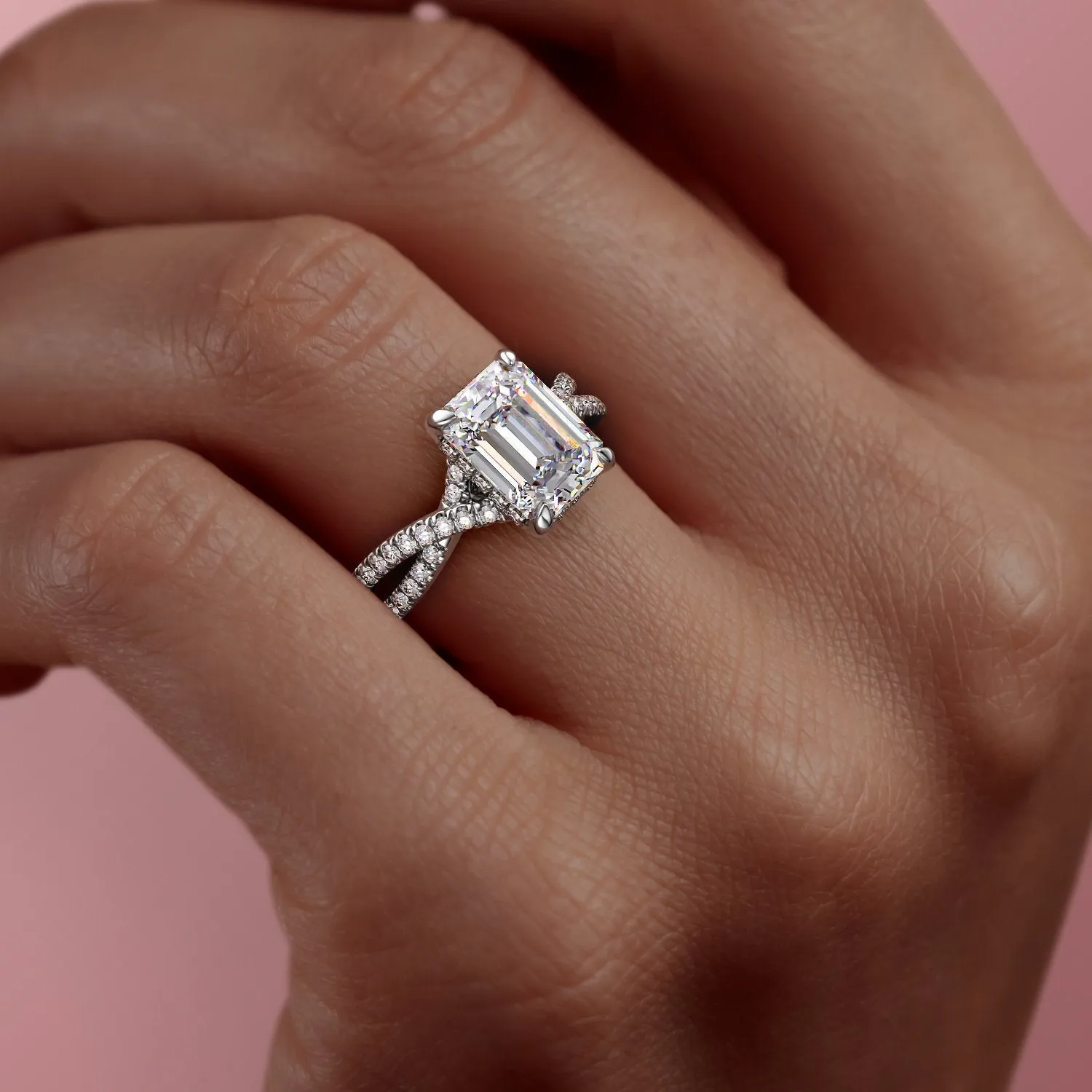 Emerald Cut Moissanite Engagement Ring, Twisted Stone Set Shoulders