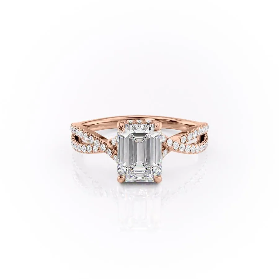 Emerald Cut Moissanite Engagement Ring, Twisted Stone Set Shoulders