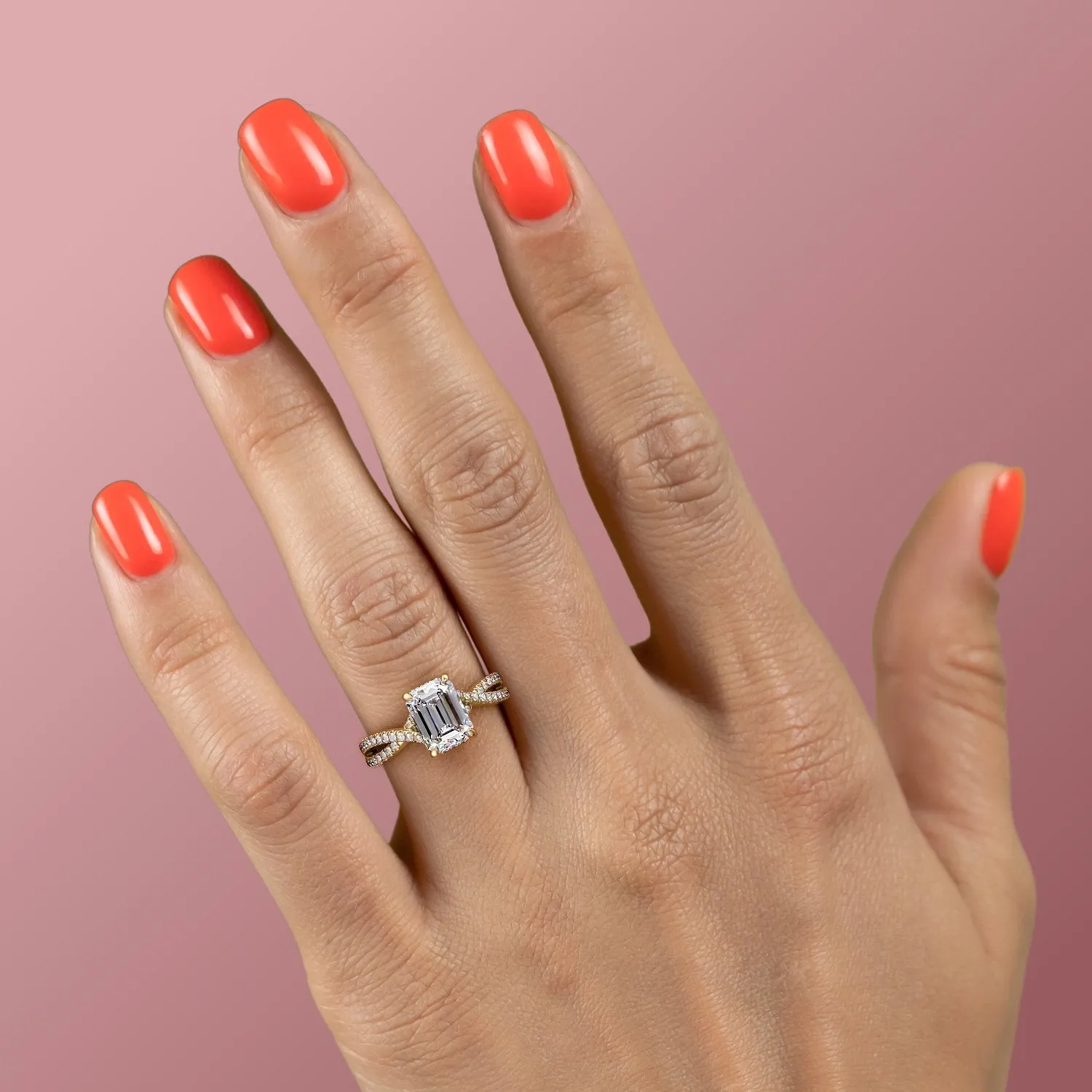 Emerald Cut Moissanite Engagement Ring, Twisted Stone Set Shoulders