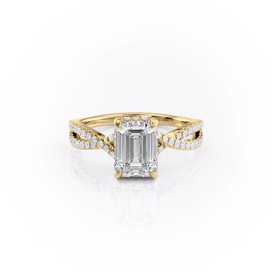 Emerald Cut Moissanite Engagement Ring, Twisted Stone Set Shoulders