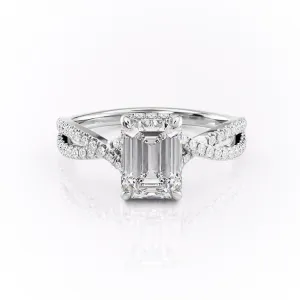 Emerald Cut Moissanite Engagement Ring, Twisted Stone Set Shoulders