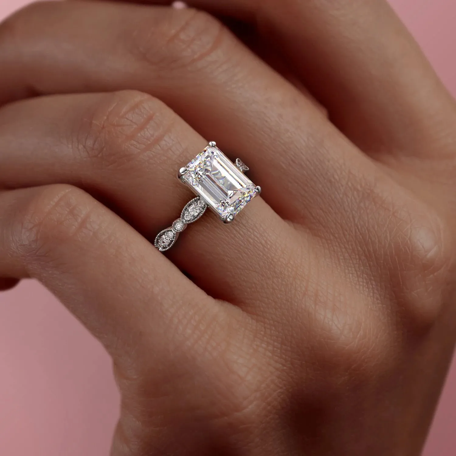 Emerald Cut Moissanite Engagement Ring, Vintage Design