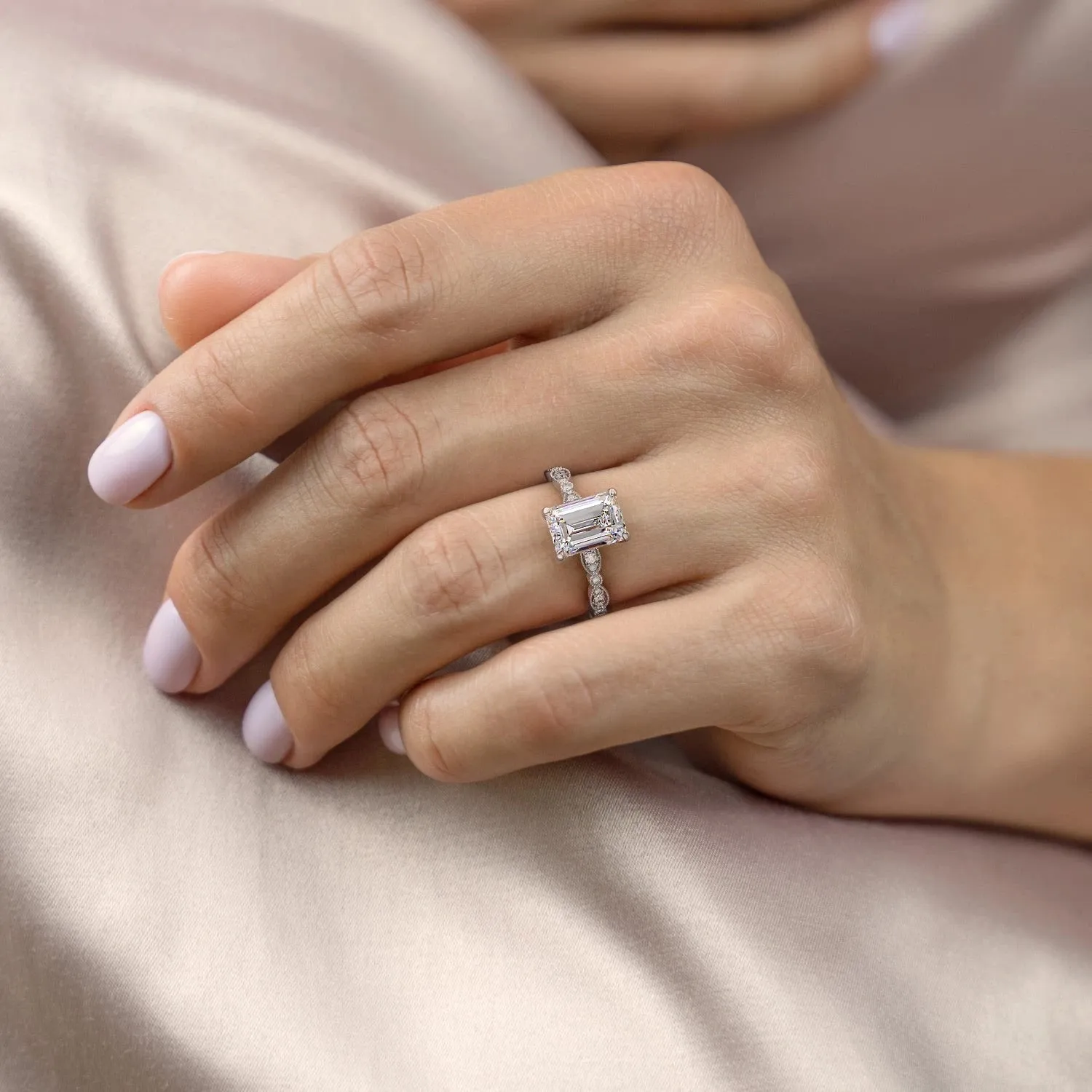 Emerald Cut Moissanite Engagement Ring, Vintage Design