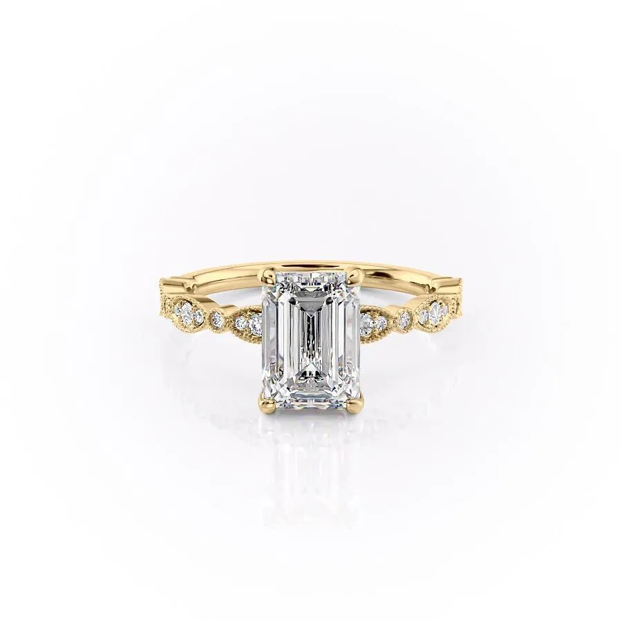 Emerald Cut Moissanite Engagement Ring, Vintage Design