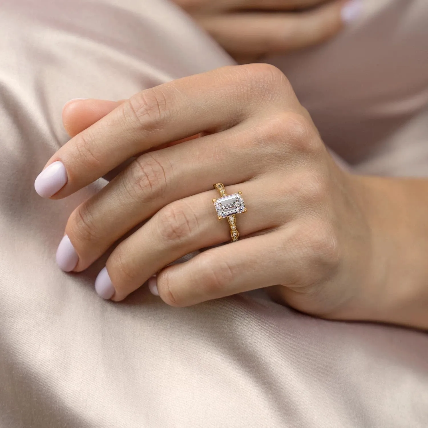 Emerald Cut Moissanite Engagement Ring, Vintage Design