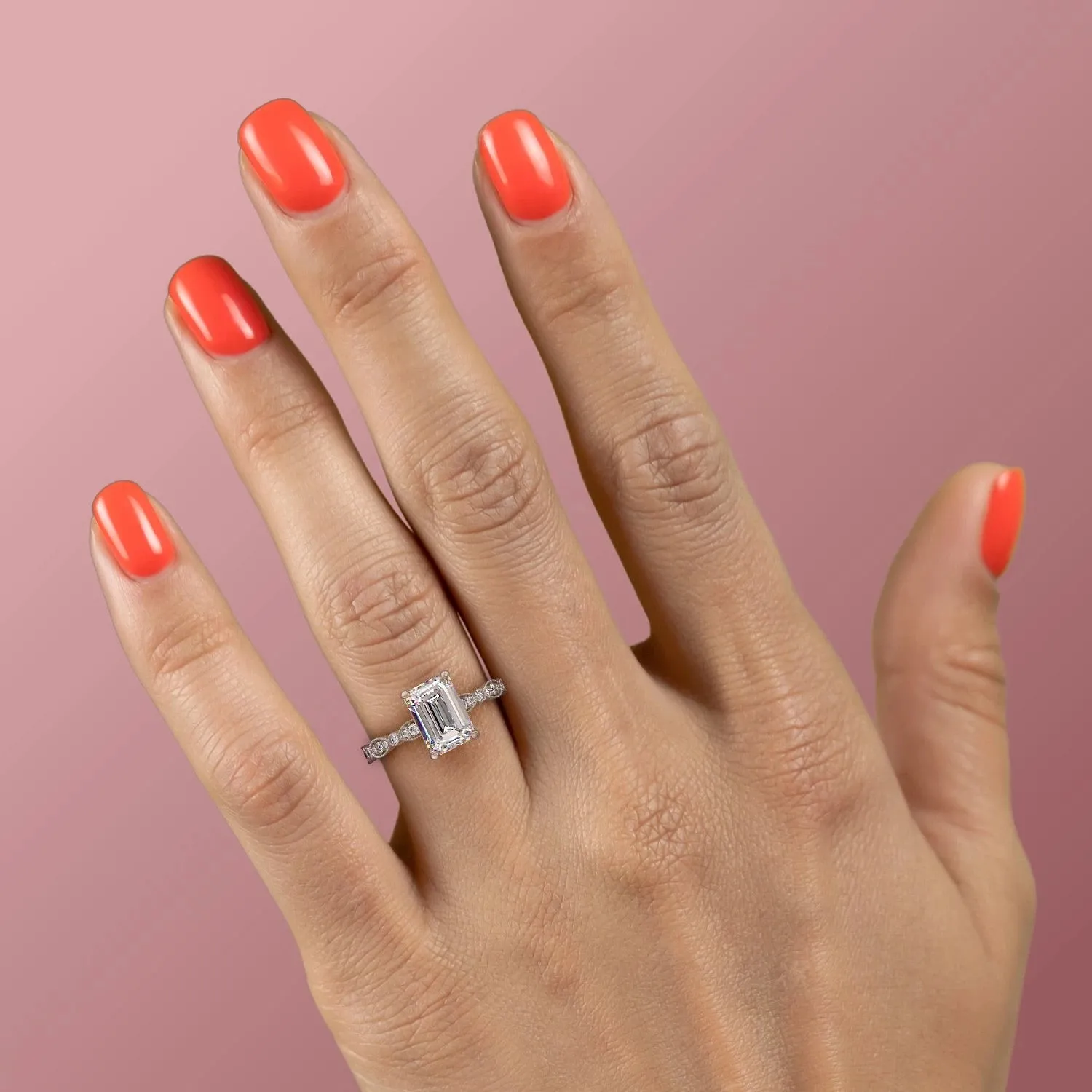 Emerald Cut Moissanite Engagement Ring, Vintage Design