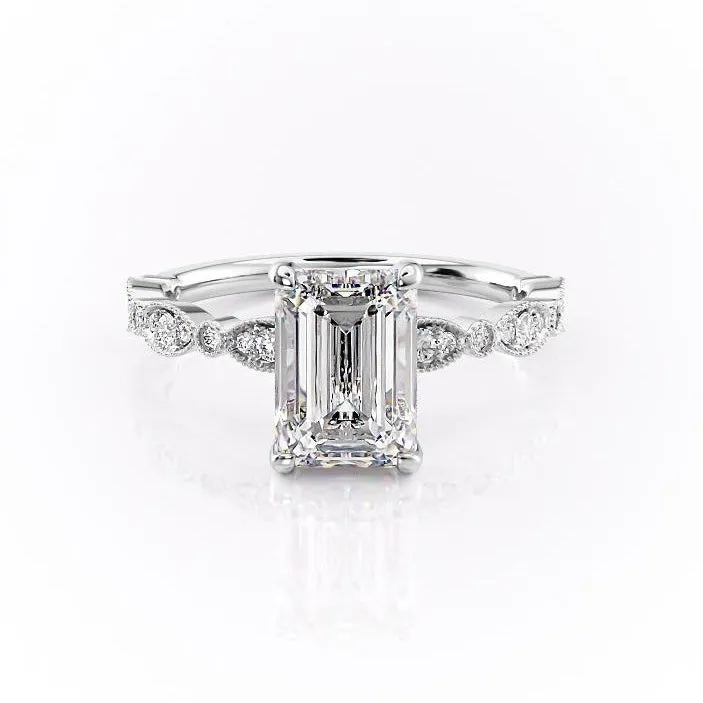 Emerald Cut Moissanite Engagement Ring, Vintage Design