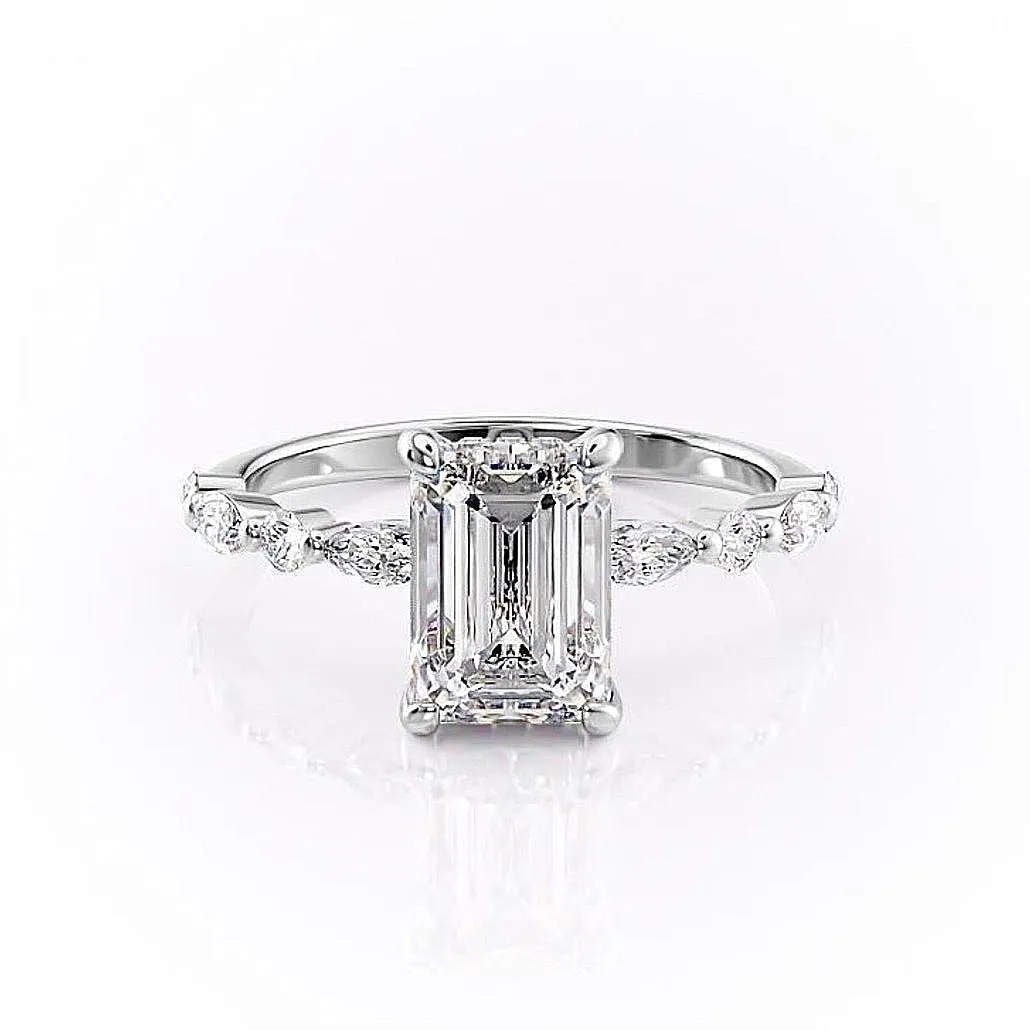 Emerald Cut Moissanite Engagement Ring With Hidden Halo