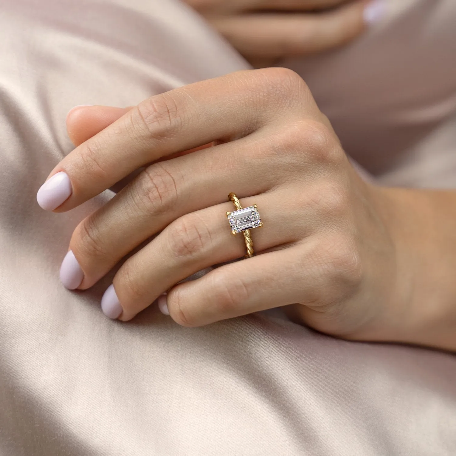 Emerald Cut Moissanite Ring, Twisted Band With Hidden Halo