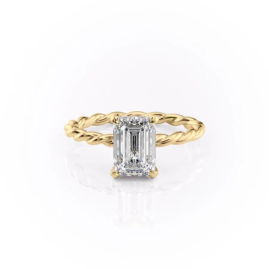 Emerald Cut Moissanite Ring, Twisted Band With Hidden Halo