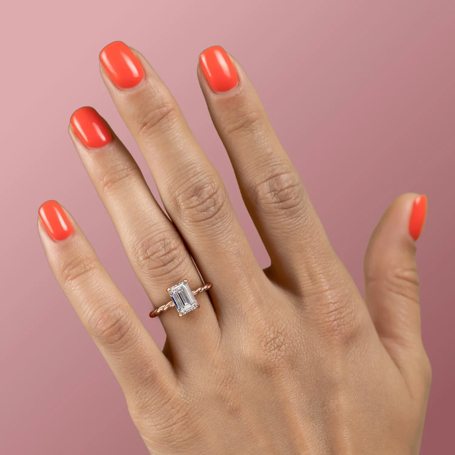 Emerald Cut Moissanite Ring, Twisted Band With Hidden Halo