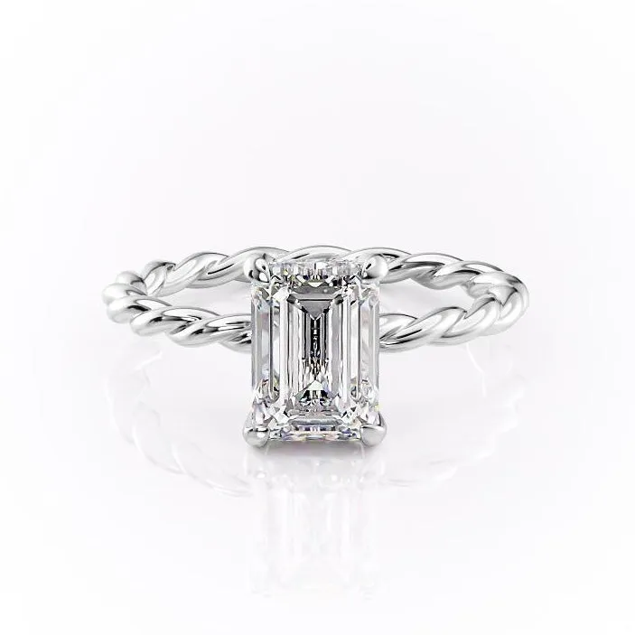 Emerald Cut Moissanite Ring, Twisted Band With Hidden Halo