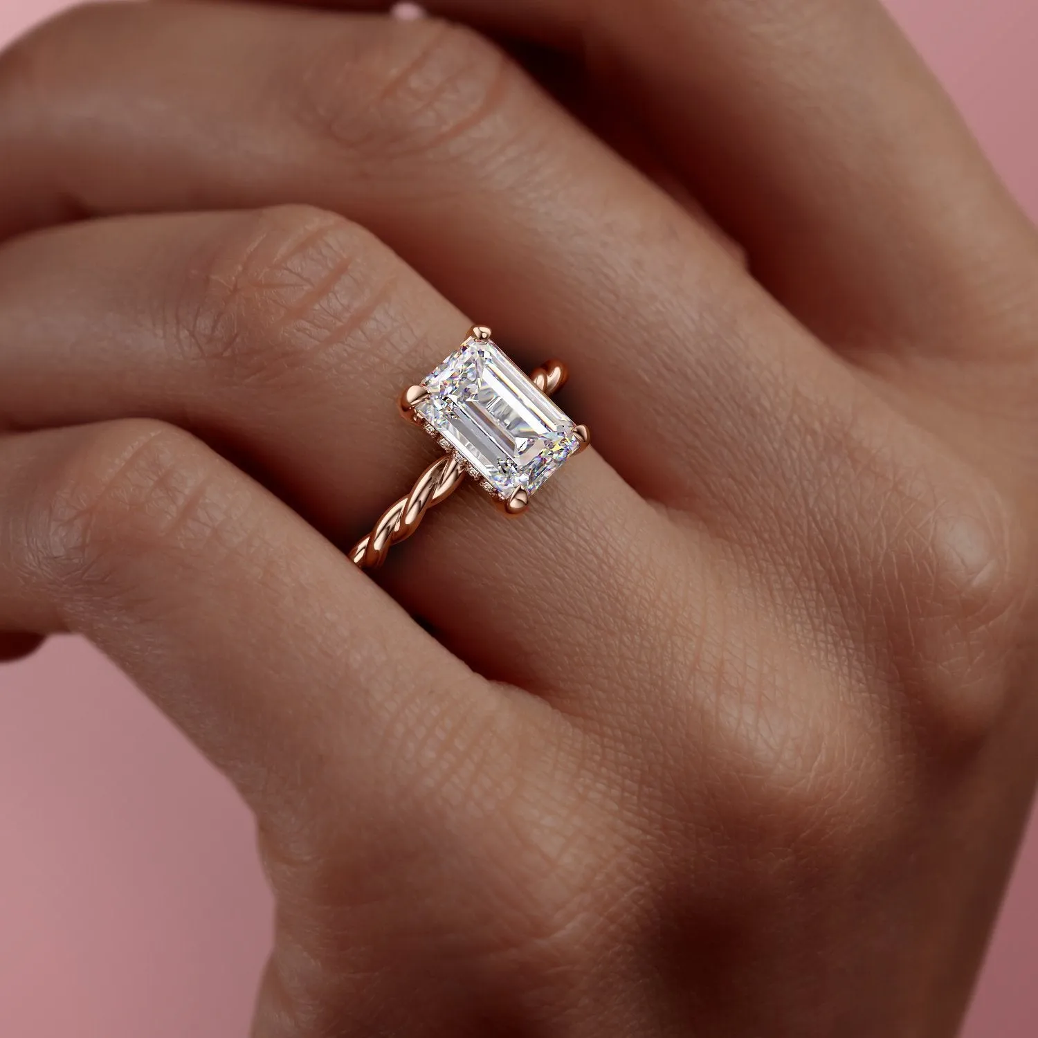 Emerald Cut Moissanite Ring, Twisted Band With Hidden Halo