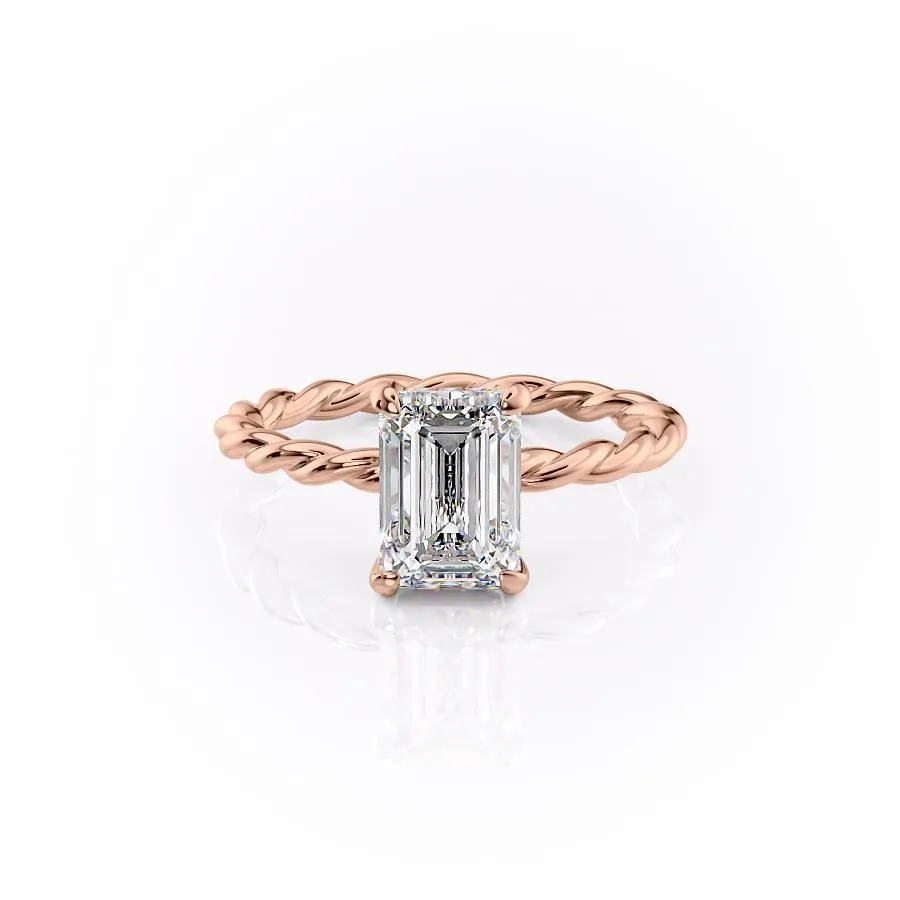 Emerald Cut Moissanite Ring, Twisted Band With Hidden Halo