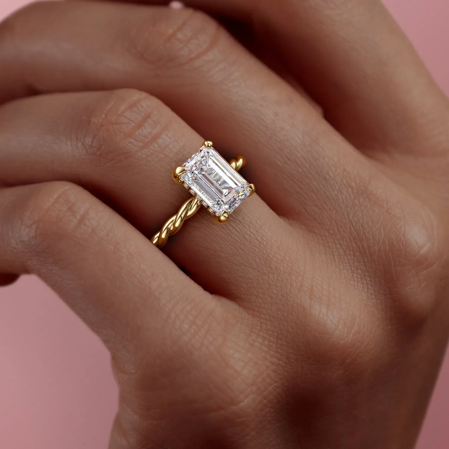 Emerald Cut Moissanite Ring, Twisted Band With Hidden Halo