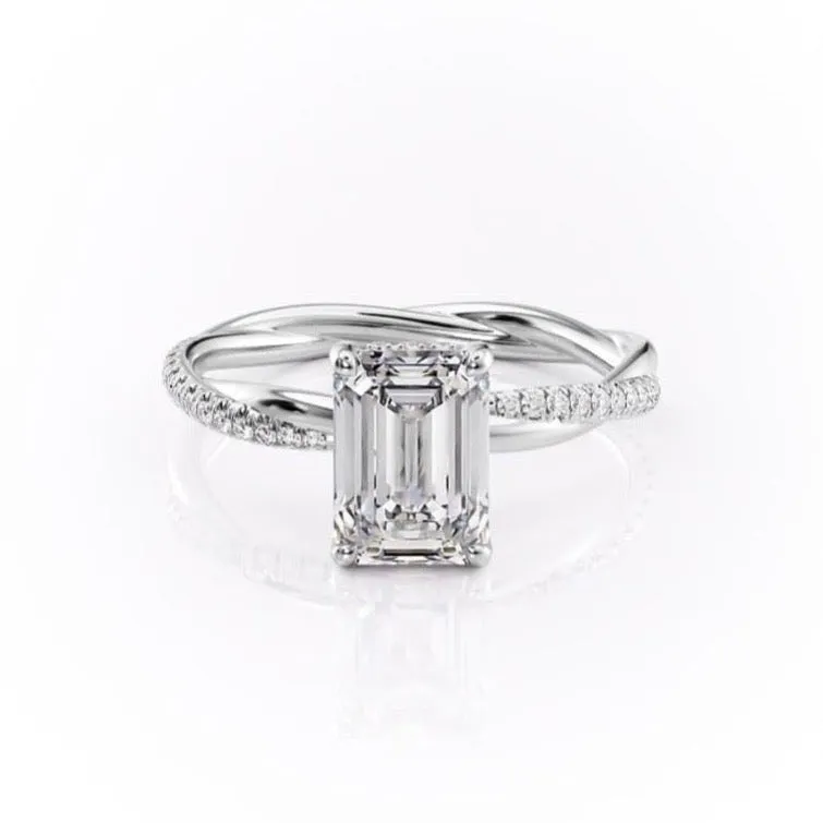 Emerald Cut Moissanite Twisted Shoulder Set Ring With Hidden Halo