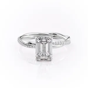 Emerald Cut Moissanite Twisted Shoulder Set Ring With Hidden Halo