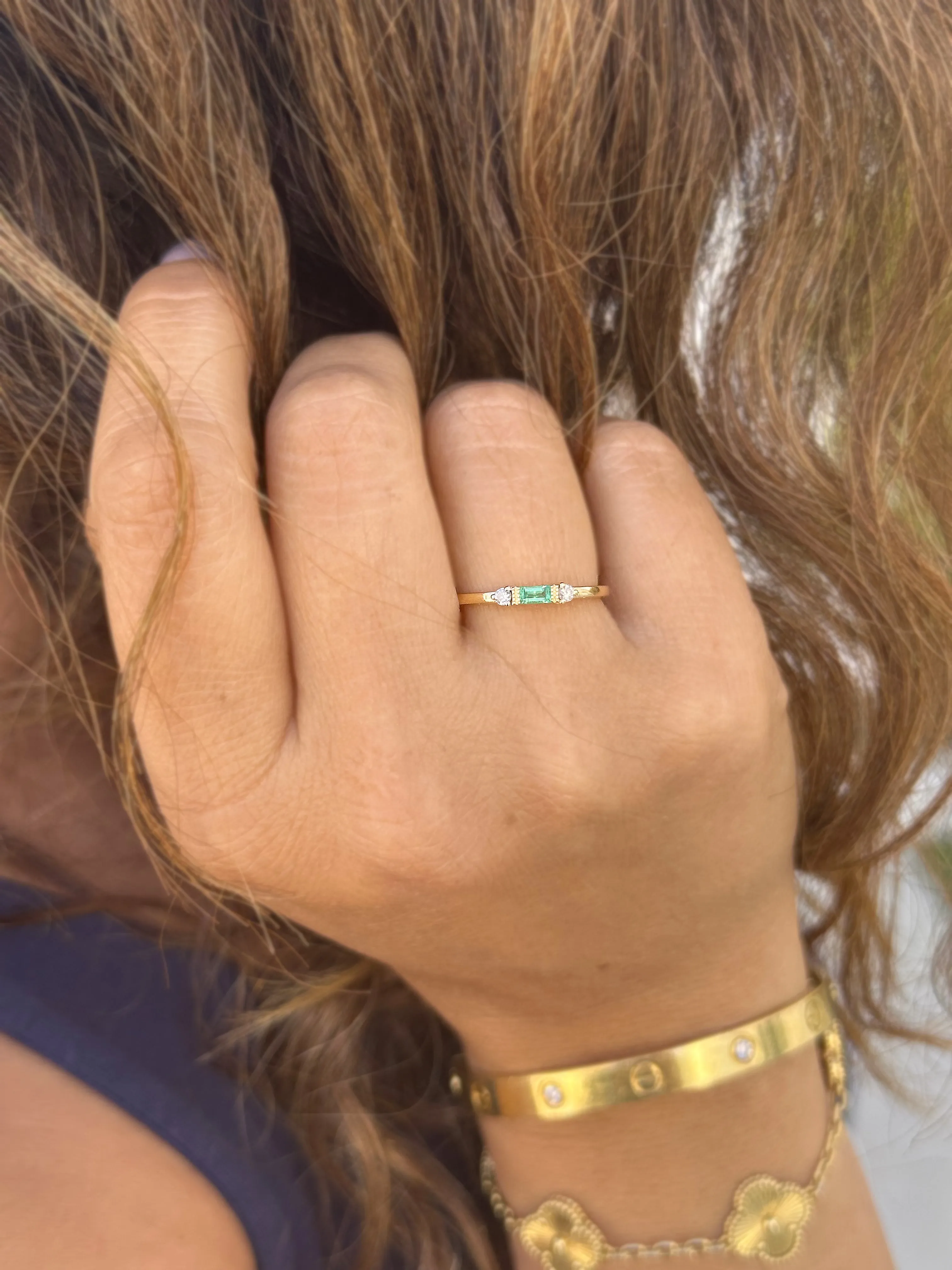 Emerald Cut Natural Green Emerald Ring And Side Natural Round Cut Diamonds 14K Solid Yellow Gold Minimalist Engagement Ring Gift 0.15ctw