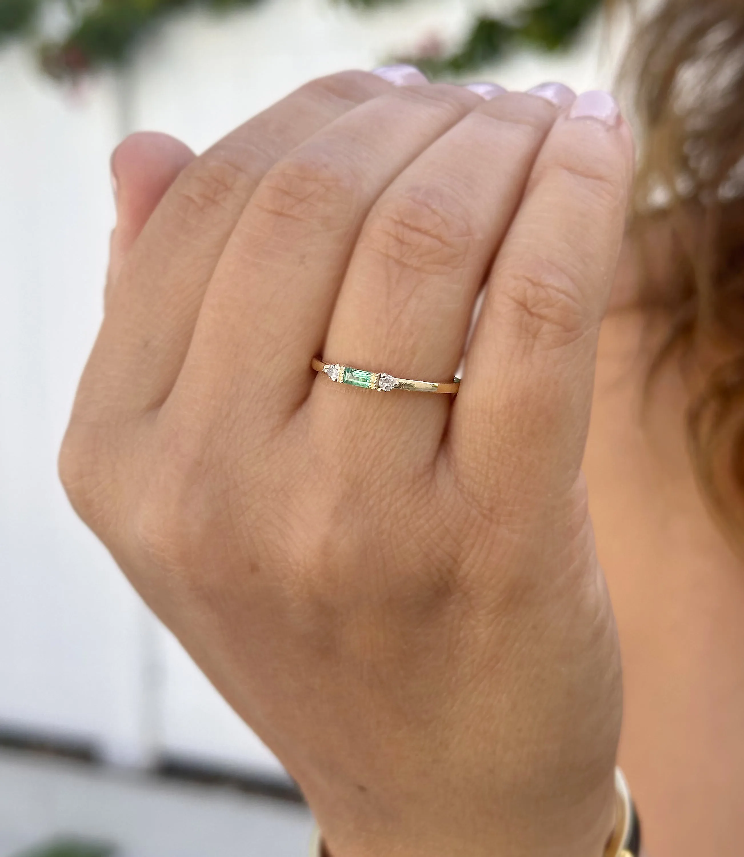 Emerald Cut Natural Green Emerald Ring And Side Natural Round Cut Diamonds 14K Solid Yellow Gold Minimalist Engagement Ring Gift 0.15ctw