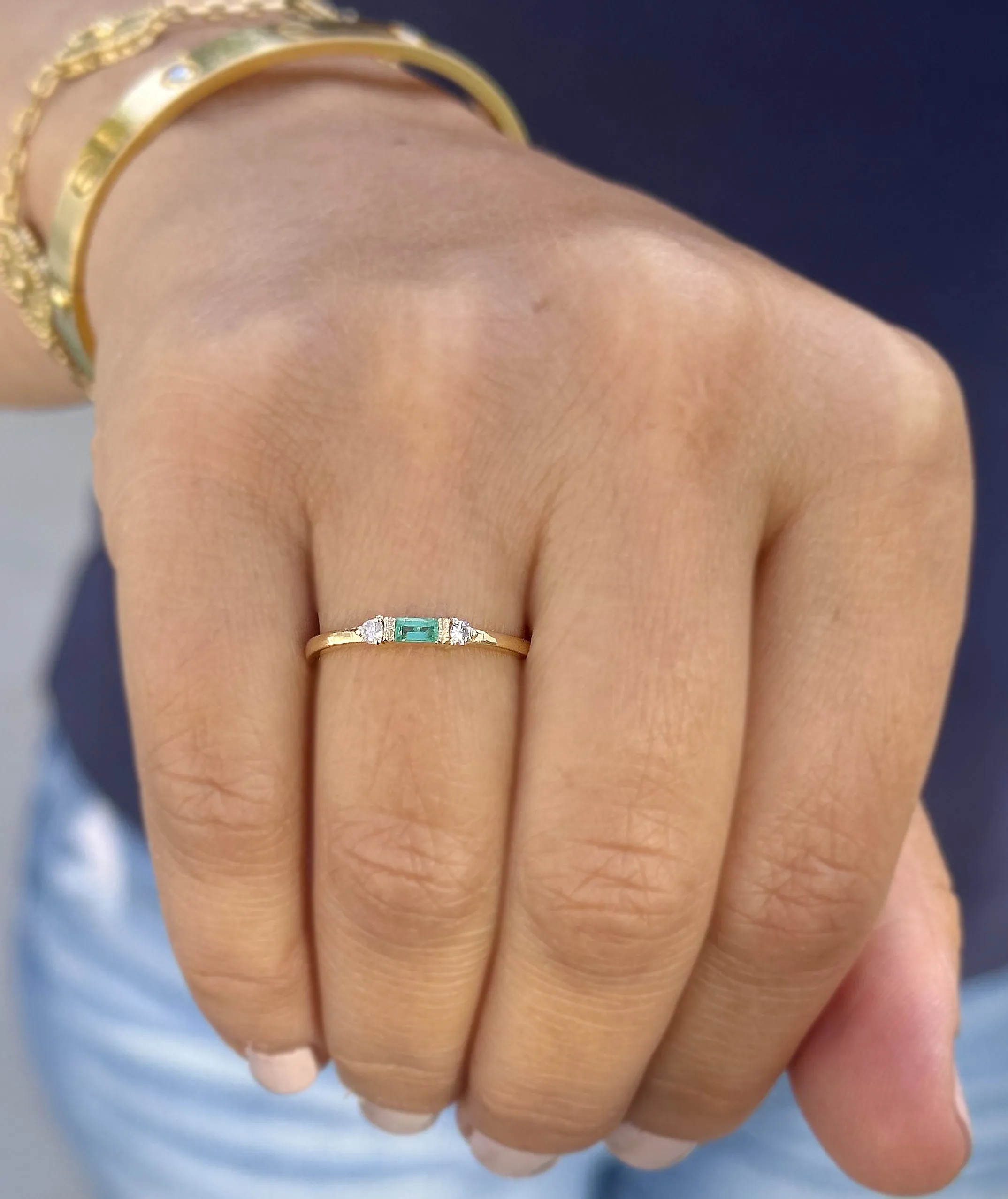 Emerald Cut Natural Green Emerald Ring And Side Natural Round Cut Diamonds 14K Solid Yellow Gold Minimalist Engagement Ring Gift 0.15ctw