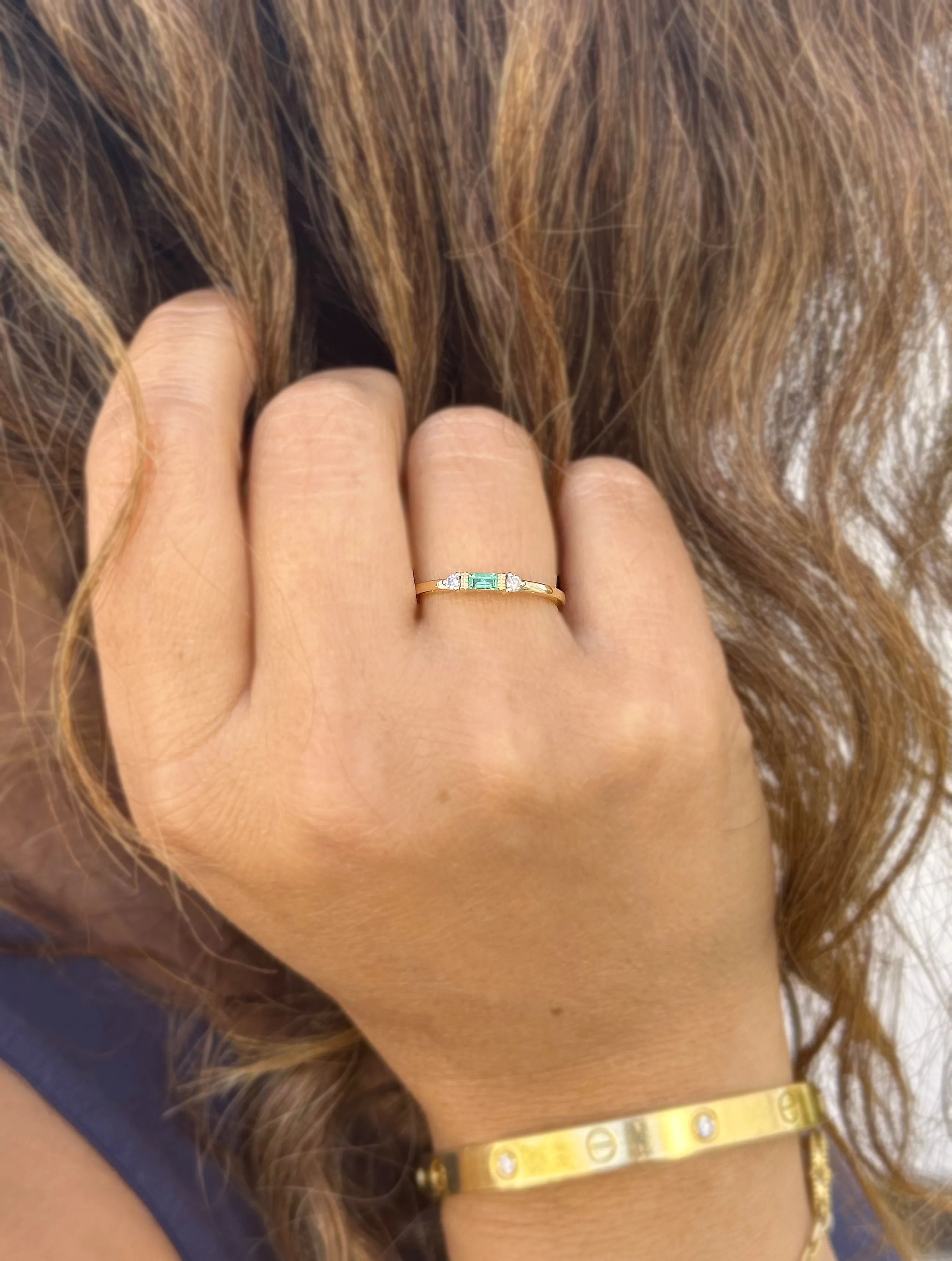 Emerald Cut Natural Green Emerald Ring And Side Natural Round Cut Diamonds 14K Solid Yellow Gold Minimalist Engagement Ring Gift 0.15ctw