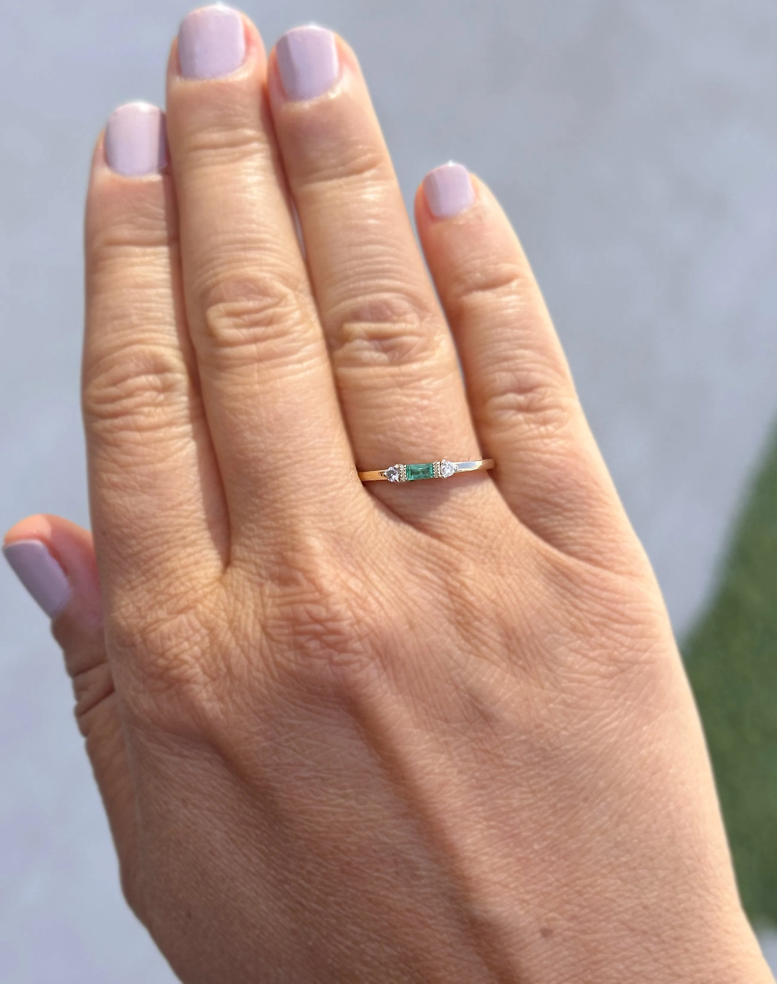 Emerald Cut Natural Green Emerald Ring And Side Natural Round Cut Diamonds 14K Solid Yellow Gold Minimalist Engagement Ring Gift 0.15ctw