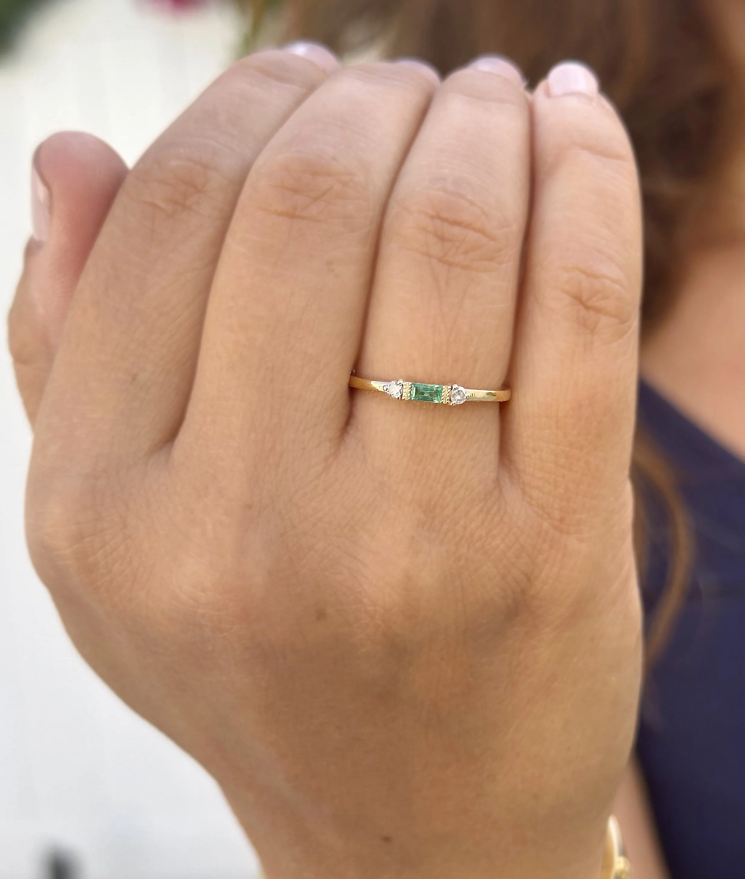 Emerald Cut Natural Green Emerald Ring And Side Natural Round Cut Diamonds 14K Solid Yellow Gold Minimalist Engagement Ring Gift 0.15ctw