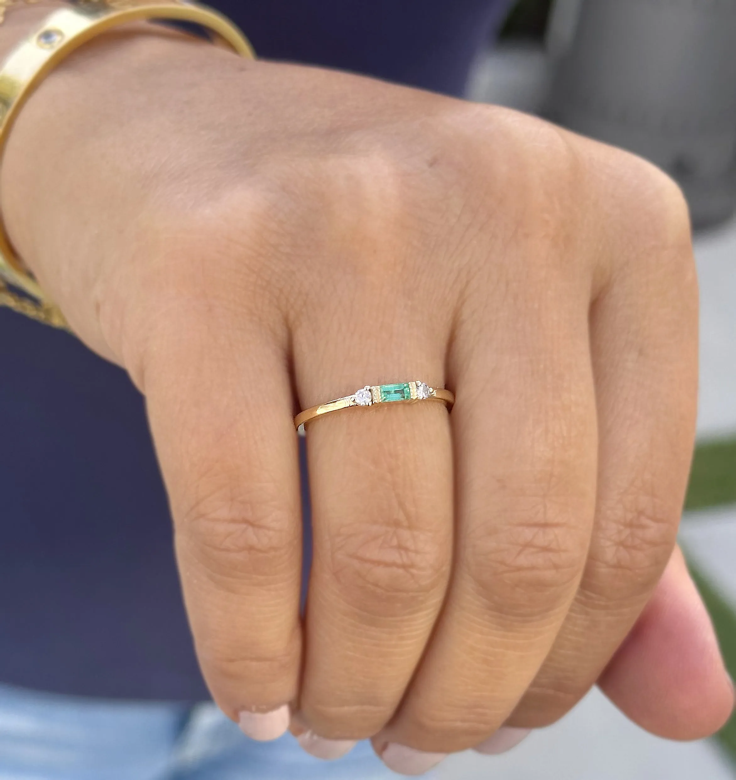 Emerald Cut Natural Green Emerald Ring And Side Natural Round Cut Diamonds 14K Solid Yellow Gold Minimalist Engagement Ring Gift 0.15ctw