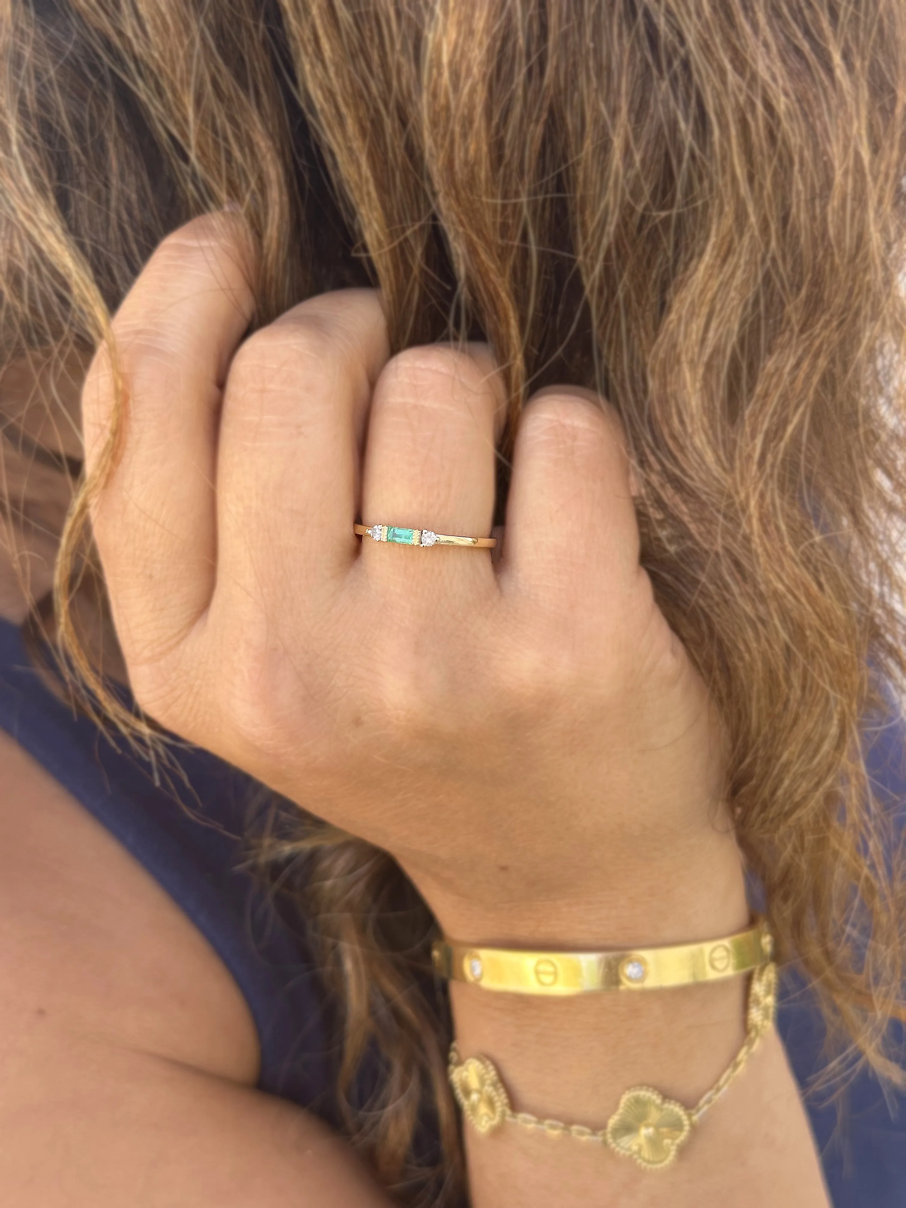 Emerald Cut Natural Green Emerald Ring And Side Natural Round Cut Diamonds 14K Solid Yellow Gold Minimalist Engagement Ring Gift 0.15ctw