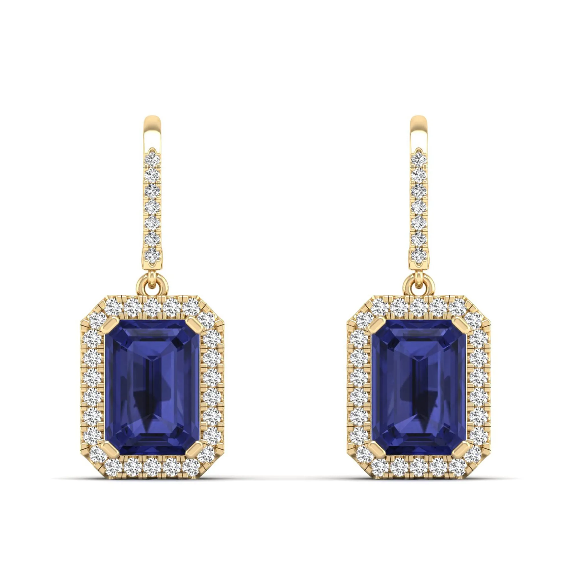 Emerald Cut Tanzanite and Halo Diamond Drop Earrings