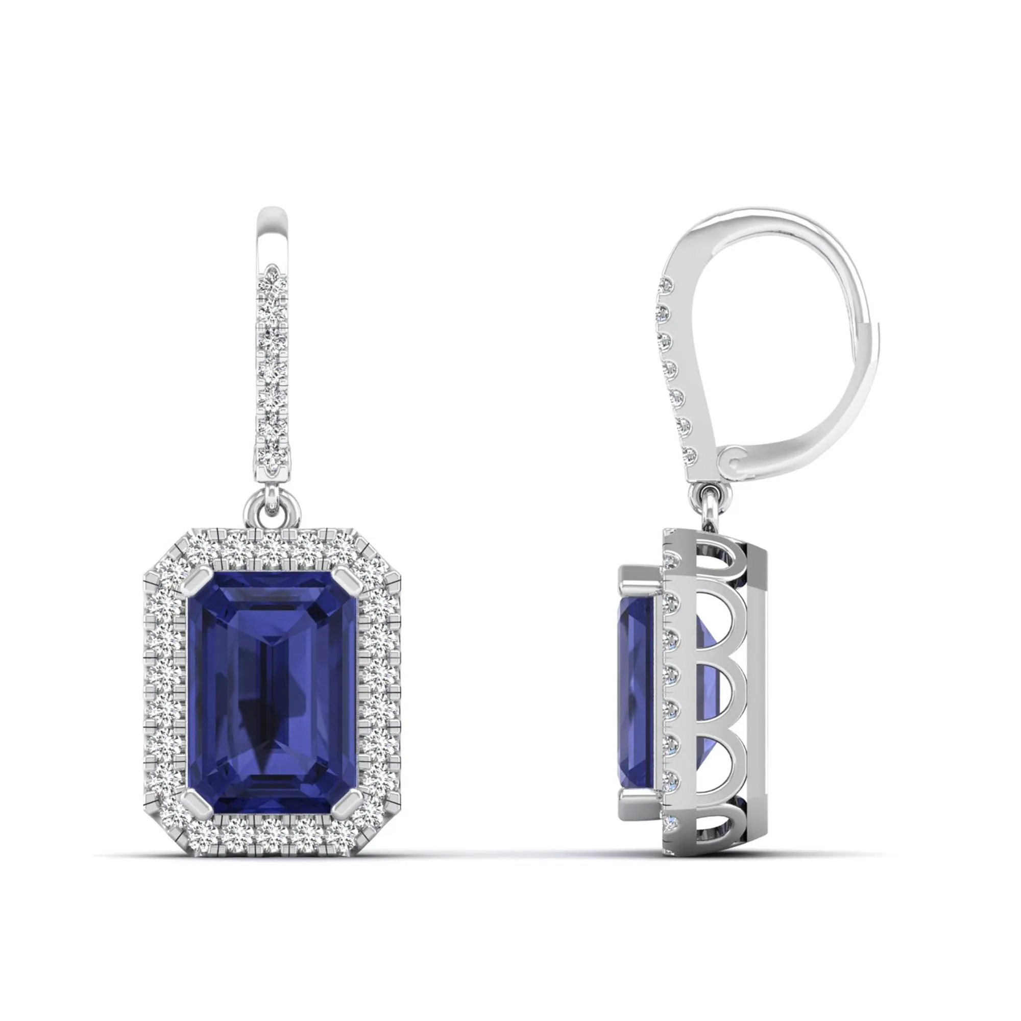 Emerald Cut Tanzanite and Halo Diamond Drop Earrings