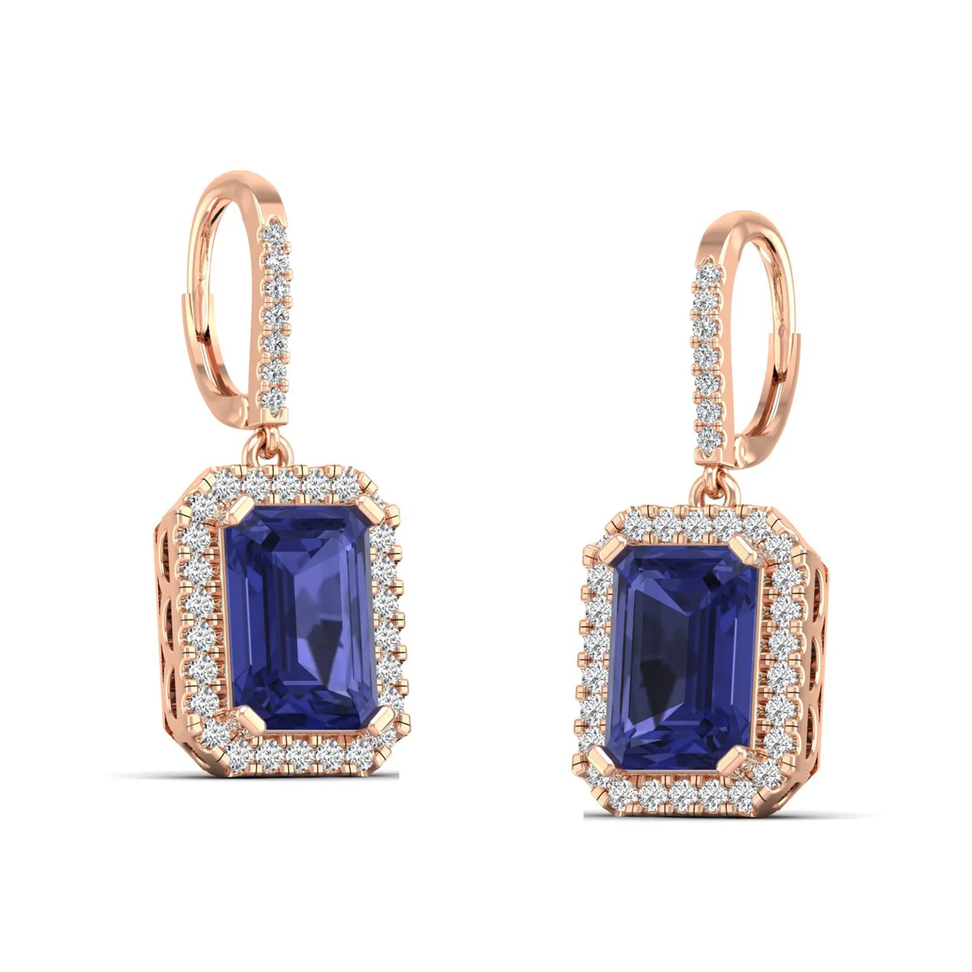Emerald Cut Tanzanite and Halo Diamond Drop Earrings