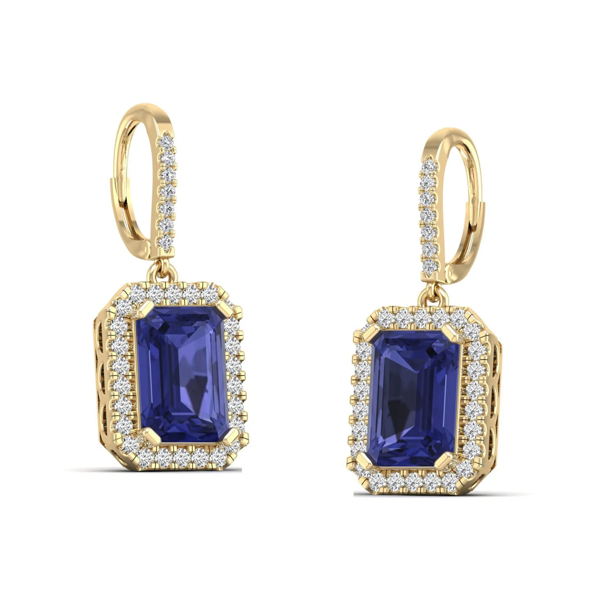 Emerald Cut Tanzanite and Halo Diamond Drop Earrings