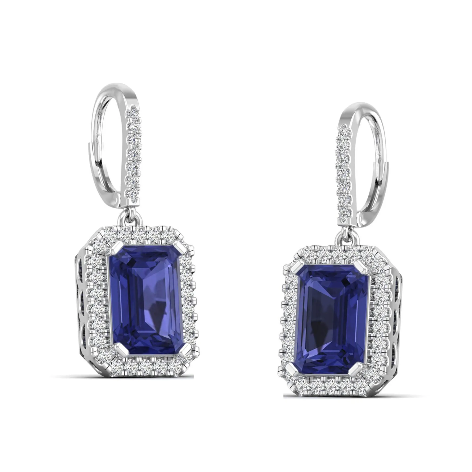 Emerald Cut Tanzanite and Halo Diamond Drop Earrings