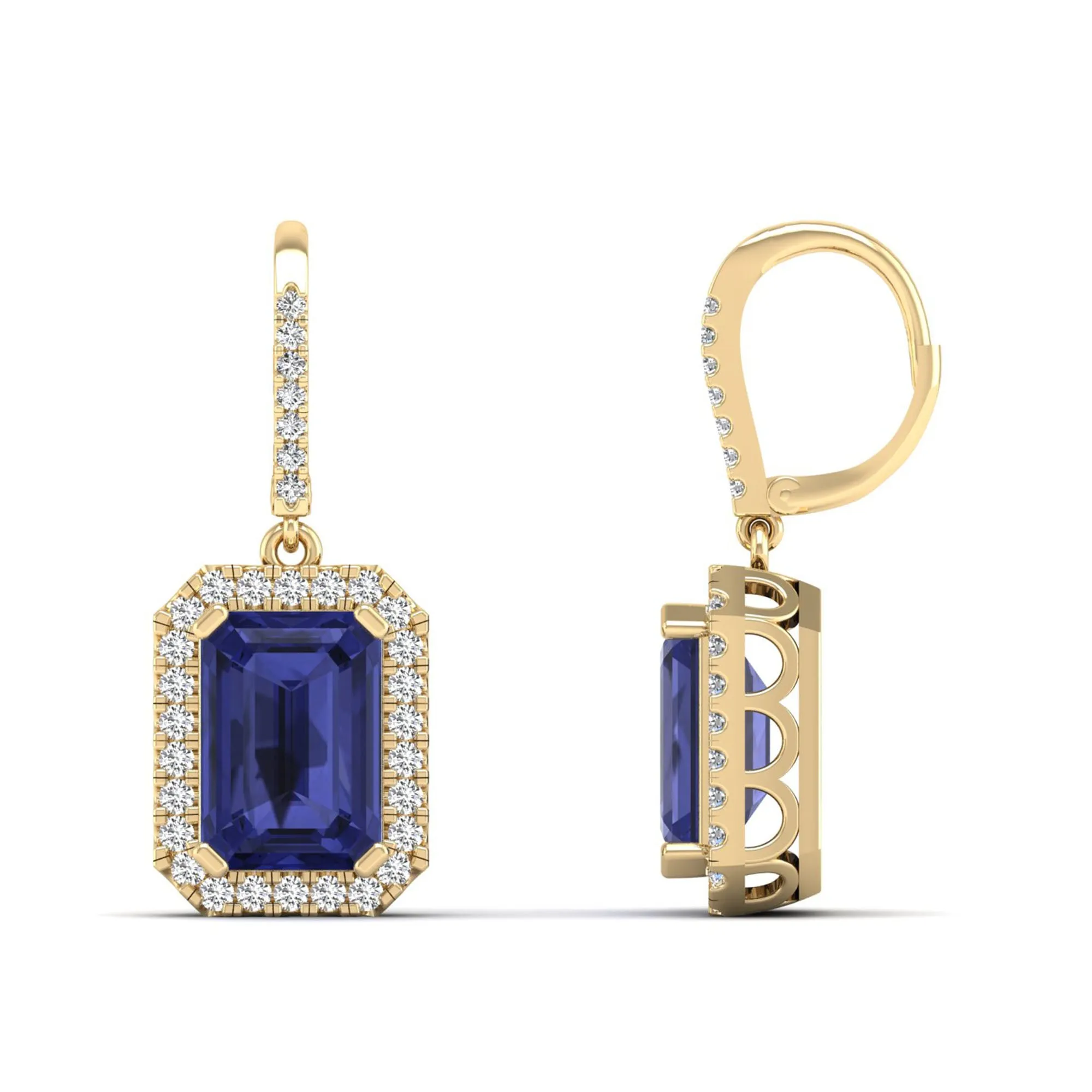 Emerald Cut Tanzanite and Halo Diamond Drop Earrings