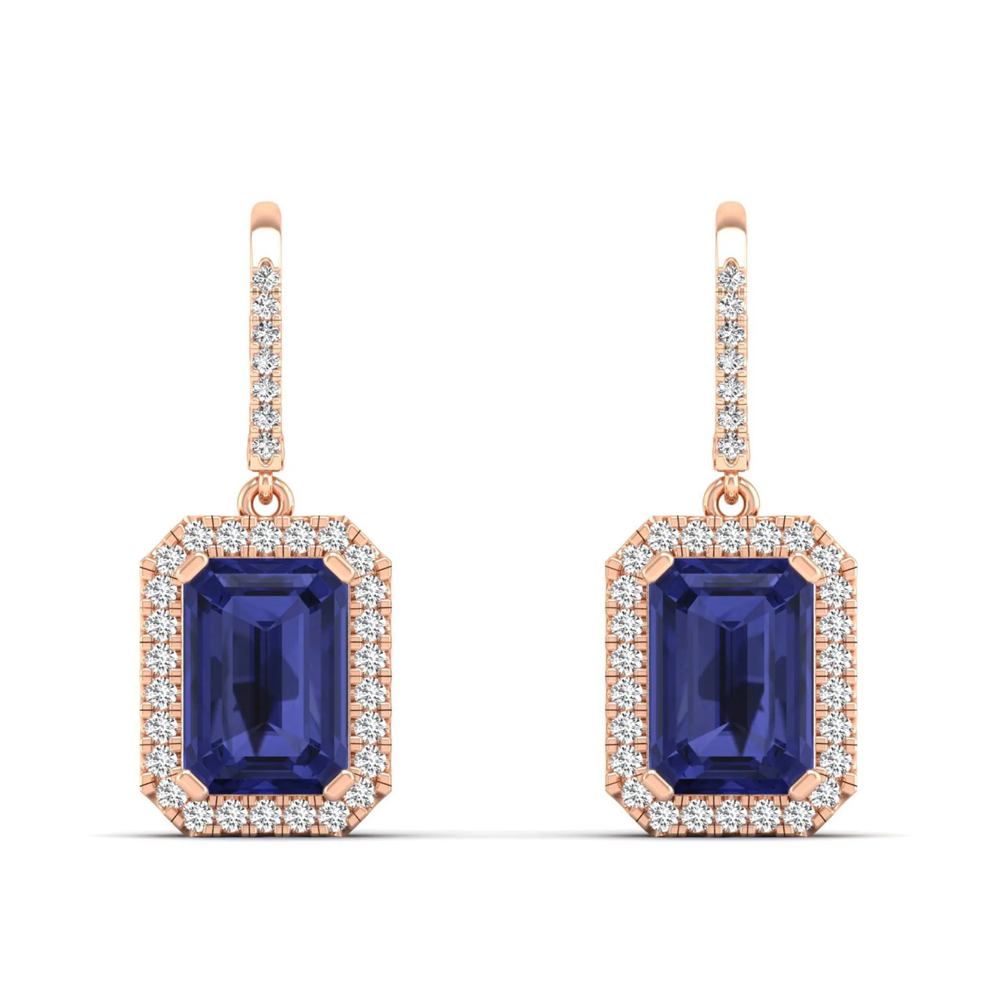 Emerald Cut Tanzanite and Halo Diamond Drop Earrings