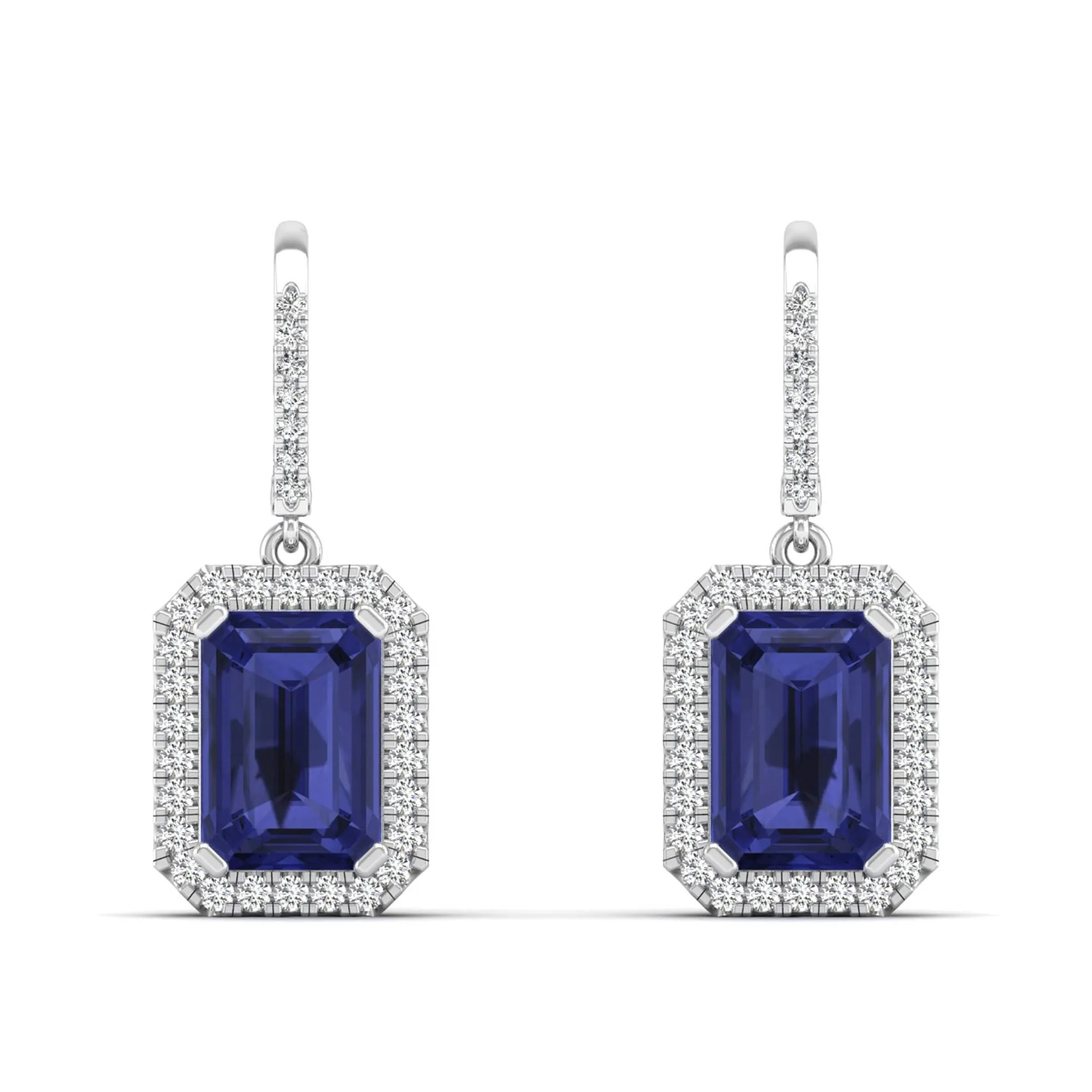 Emerald Cut Tanzanite and Halo Diamond Drop Earrings