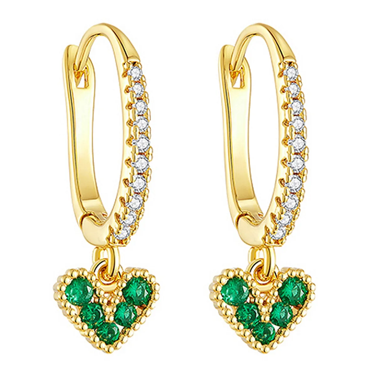 Emerald Heart Drop Diamond Hoop Earrings