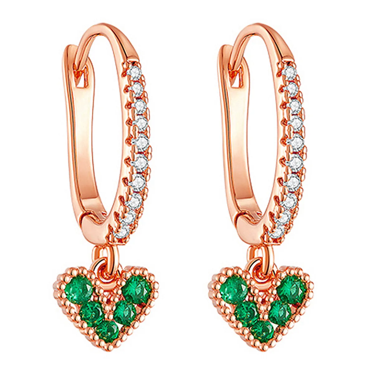 Emerald Heart Drop Diamond Hoop Earrings