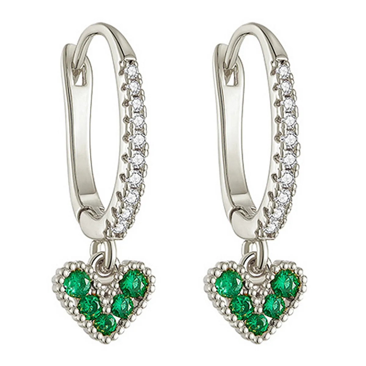 Emerald Heart Drop Diamond Hoop Earrings