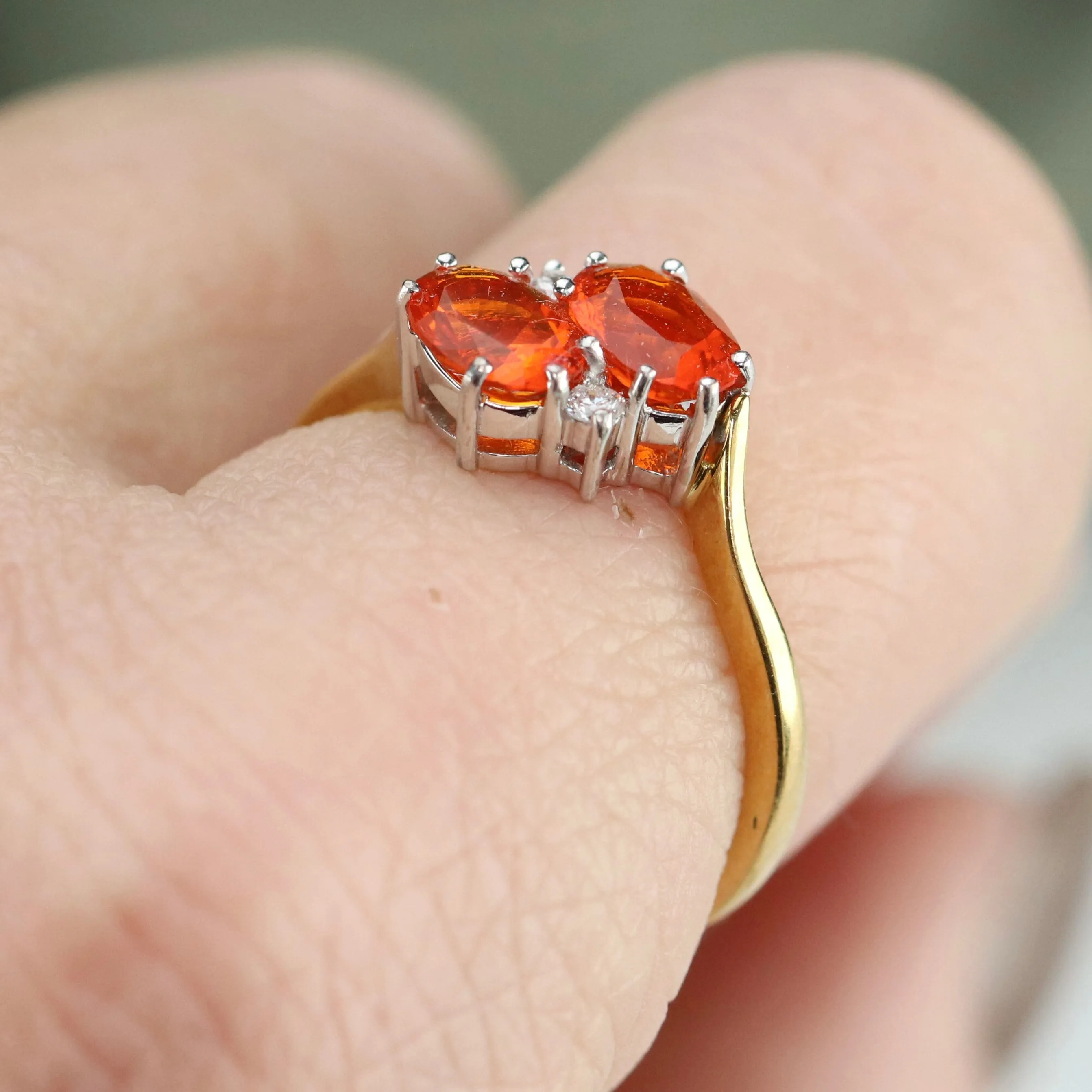 Estate fire opal and diamond ring in 18k yellow gold