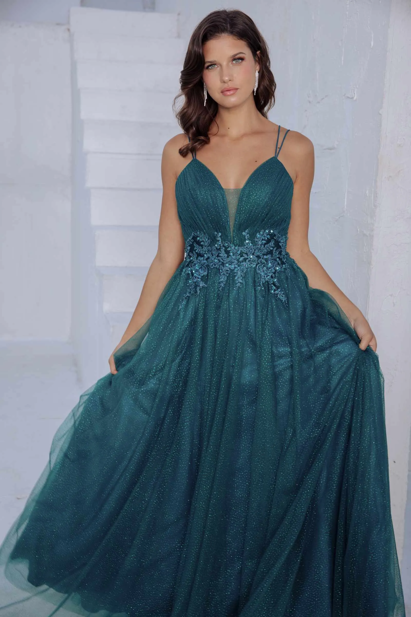 Eureka 9797 Glitter-Mesh Long Dress with Appliques