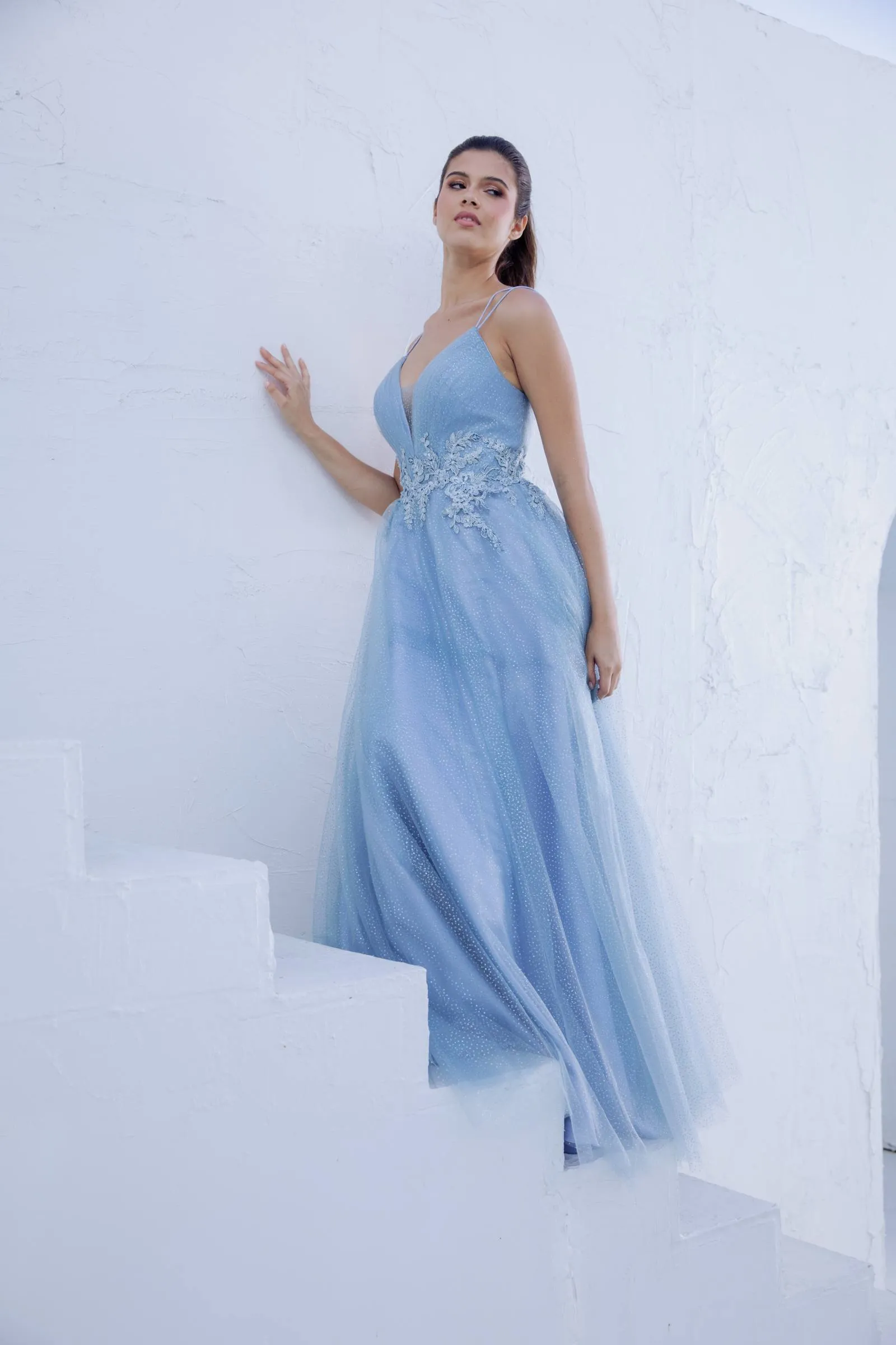 Eureka 9797 Glitter-Mesh Long Dress with Appliques