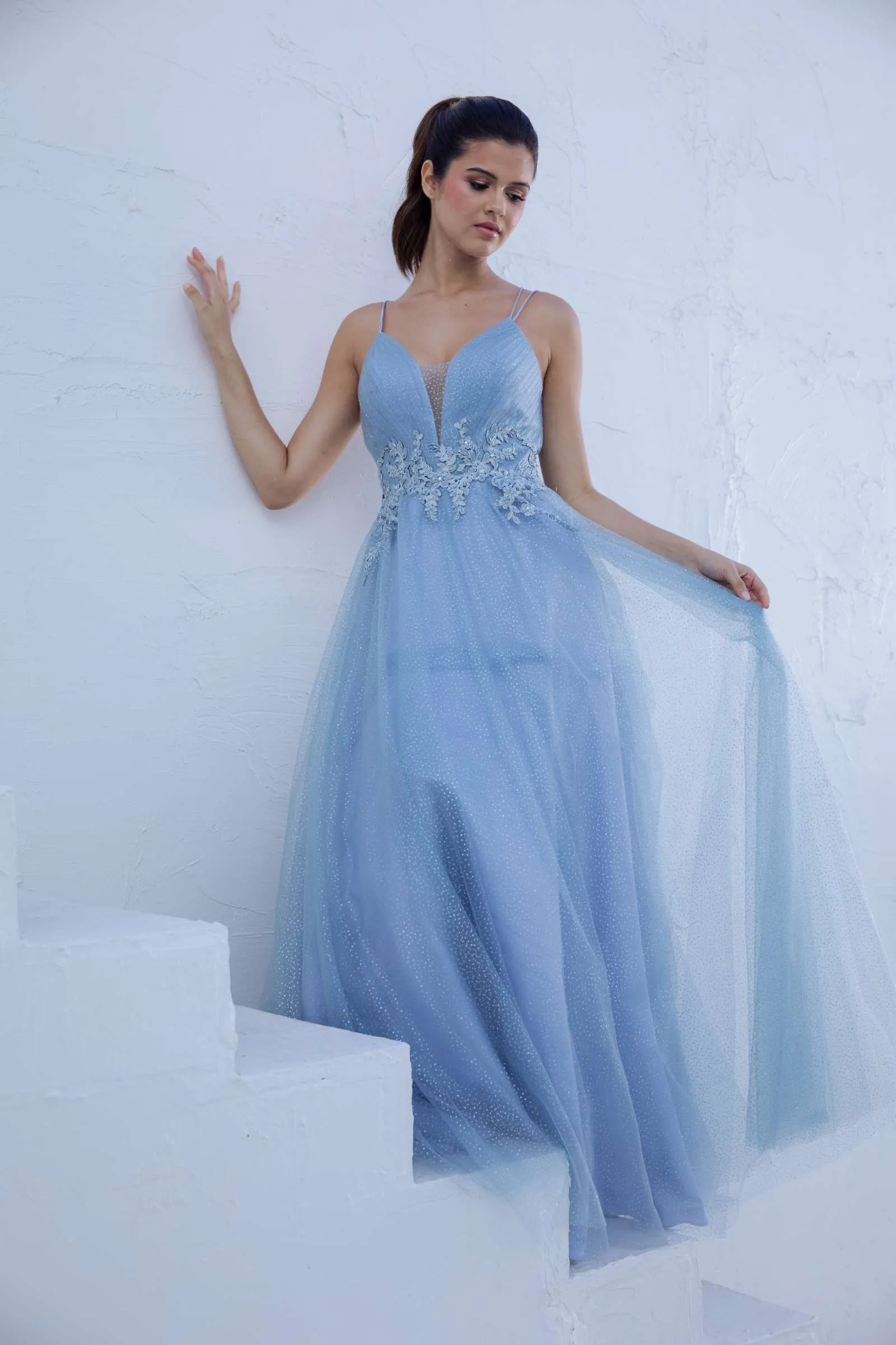 Eureka 9797 Glitter-Mesh Long Dress with Appliques
