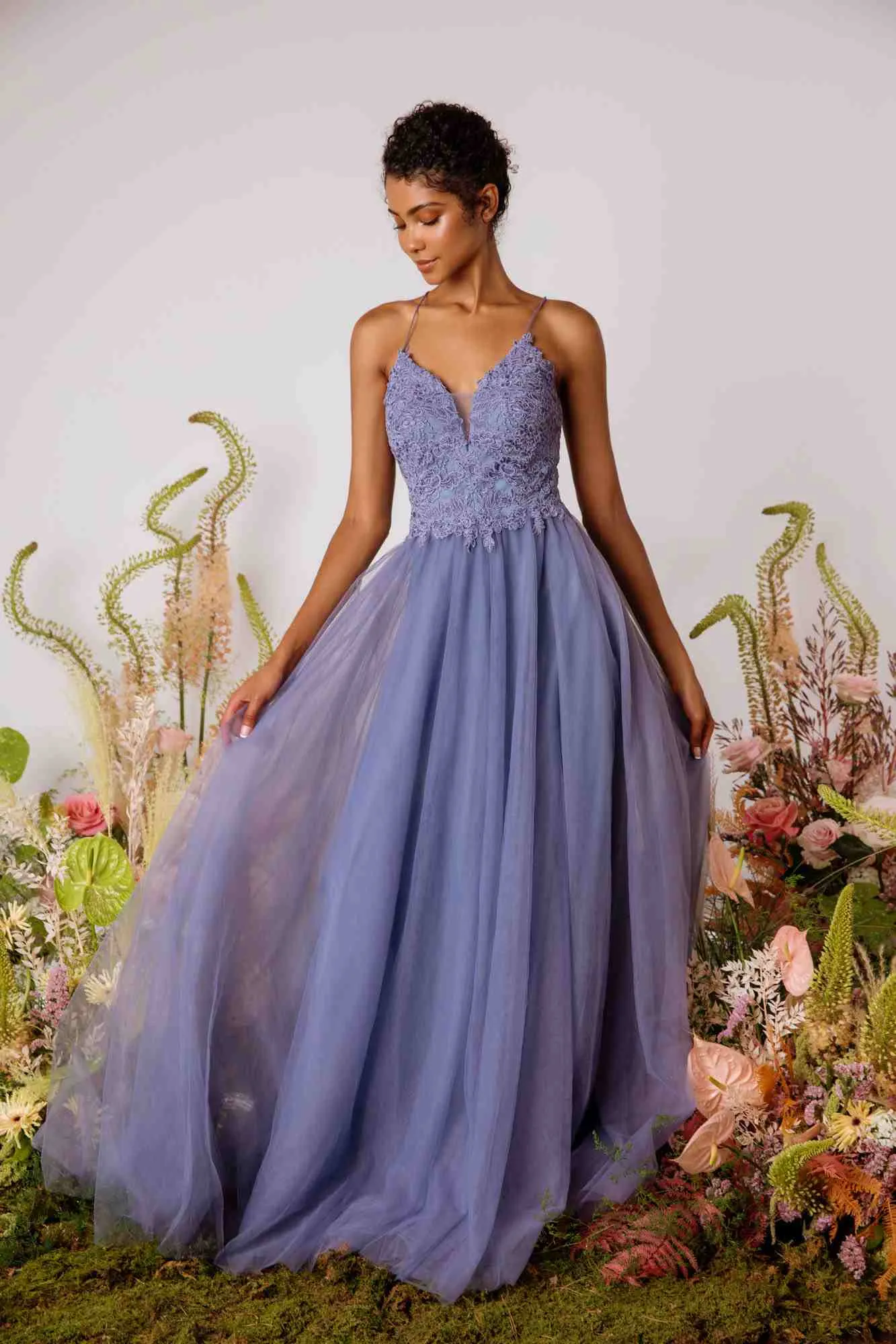 Eureka 9902 Appliqued Bodice Long Dress Soft Mesh Corset Back