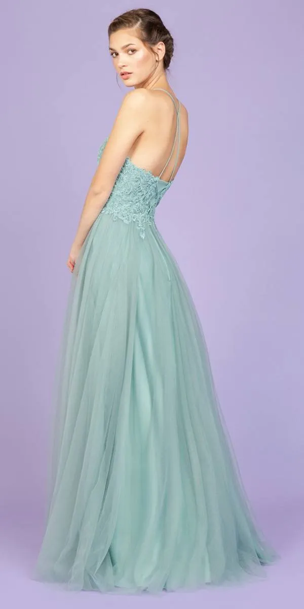 Eureka 9902 Appliqued Bodice Long Dress Soft Mesh Corset Back