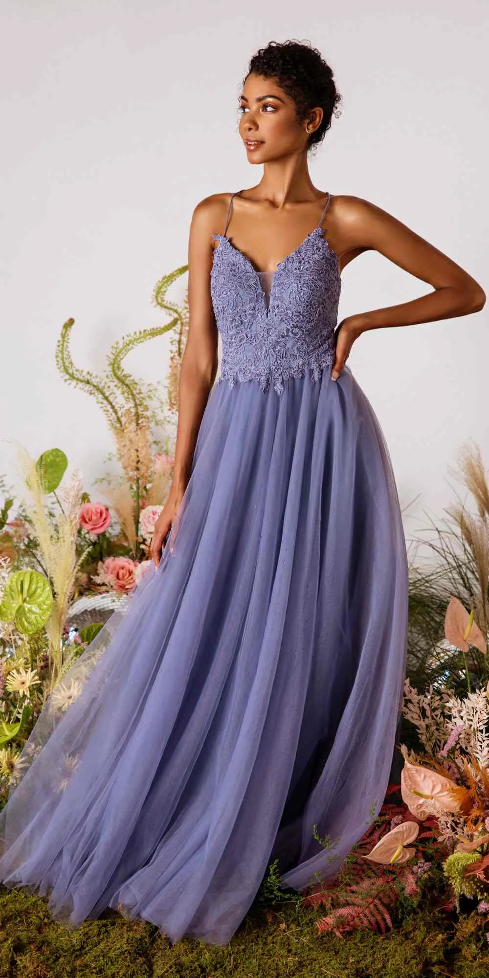 Eureka 9902 Appliqued Bodice Long Dress Soft Mesh Corset Back