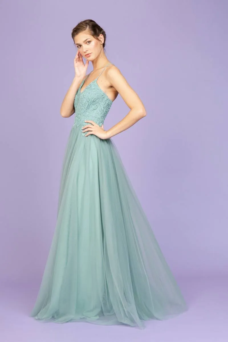 Eureka 9902 Appliqued Bodice Long Dress Soft Mesh Corset Back